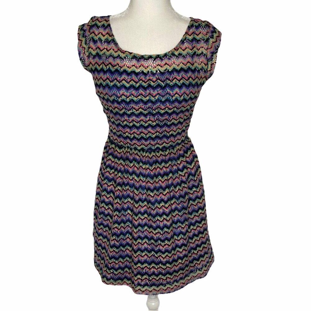 BeBop A Line Dress Multicolor Chevron Lined Cap Sleeves Scoop Neck Size M
